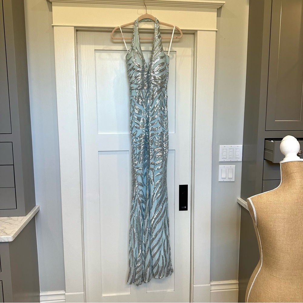 B Darlin Silver and Blue Accent Dress with Flowing Stripes